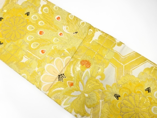 アンティーク　孔雀に唐花・菊模様織り出し丸帯（材料）